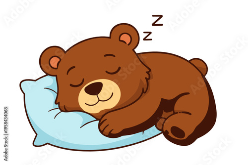 Peaceful brown bear sleeping on a soft pillow with closed eyes and dream symbol. Cozy bedtime animal illustration for nursery decor, kids prints, relaxation, and sleep concepts.