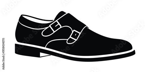 Black classic double monk strap shoe silhouette with refined stitching and buckle detail, suitable for luxury fashion, formalwear branding, menswear ads, and footwear concepts.