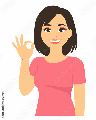 Smiling woman shows an ok hand sign in a bright flat style portrait. Friendly vector character conveys approval, success, positivity, agreement and customer satisfaction concept.