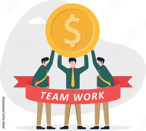 Business team lifting a giant gold coin representing collective financial success