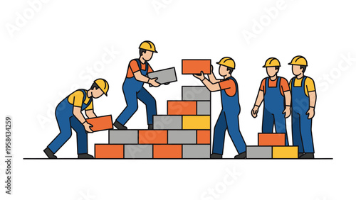 Bricklayers at Work: A group of skilled bricklayers collaboratively constructing a wall, demonstrating precision and teamwork in their craft.
