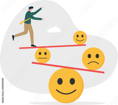 Professional man balancing on a seesaw with different sized emoticons representing emotion balance