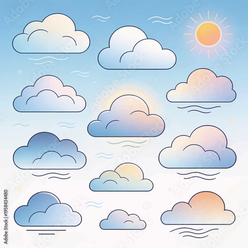 Graphic collection of stylized cloud icons in various shapes and pastel colors under a bright sun with wave lines representing wind or water elements for weather forecast and flat design projects