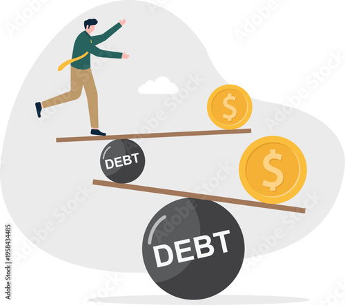 Professional man balancing on a seesaw with gold coins and debt balls representing financial status