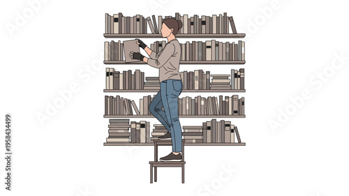 Bookworm's Pursuit: A reader delves into a towering bookshelf, hand reaching for the next literary adventure. This illustration shows a dedicated book lover pursuing knowledge