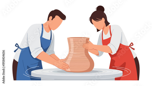 Crafting Creativity: Two individuals, immersed in the artistic process, shape a clay pot on a pottery wheel, embodying the fusion of form and function.