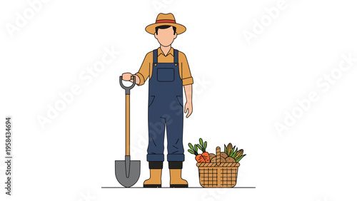 Farmer in the Field: A hardworking farmer stands ready in the field, beside a basket filled with fresh harvest, symbolizing the connection between people and nature's bounty.