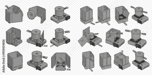 Various 3D Renderings of Industrial Components and Mechanical Parts on a Grid Background.