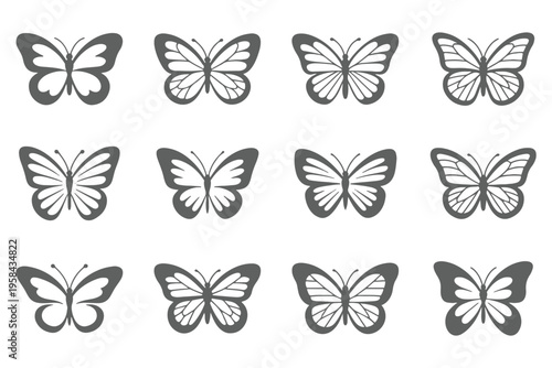 Butterfly Icon Set with Silhouette and Outline Wings, Minimal Insect Vector Collection. Minimal vector set perfect for logos, tattoos, stickers, nature themes and spring seasonal designs.