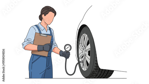 Car Tire Maintenance: A technician skillfully check car tire pressure and attentively records observations on a clipboard, ensure road safety and performance.