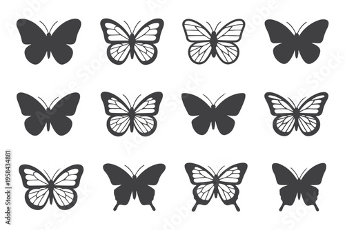 Butterfly Icon Set with Silhouette and Outline Wings, Minimal Insect Vector Collection. Minimal vector set perfect for logos, tattoos, stickers, nature themes and spring seasonal designs.