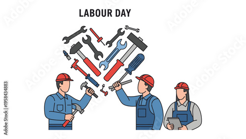 Labor Day Celebration: A group of construction workers, united in solidarity, hold up a banner proudly proclaiming Labor Day, honoring the hard work and dedication of the workforce.