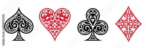 Casino poker card suit ornaments, gamble game card decks of clubs, hearts, diamonds and spades, ornate decorative symbols for jackpot and gambling themes, vector icons set with elegant design elements