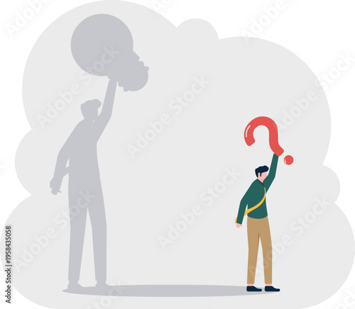 Businessman looking at his shadow holding an idea while he holds a question mark