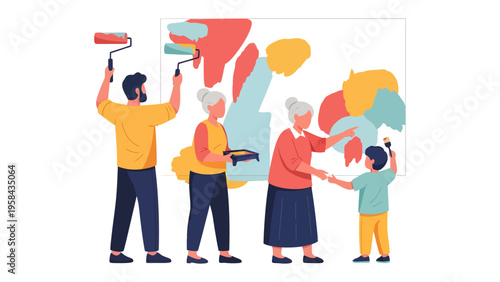 Painting Together: A multigenerational family joyfully collaborates to paint a vibrant picture, celebrating unity and creativity.