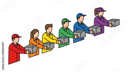 Delivery Team Collaboration: Illustrative representation of delivery personnel in coordinated action, passing along packages seamlessly with focus and efficiency.