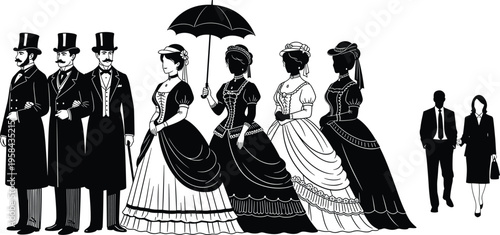 Vector Illustration Comparing Victorian Era People in Formal Attire and Silhouettes with Modern Business Professional Couple Character Evolution Art Design