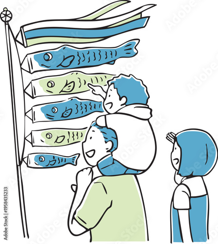 肩車をしてこいのぼりを眺める親子_単色