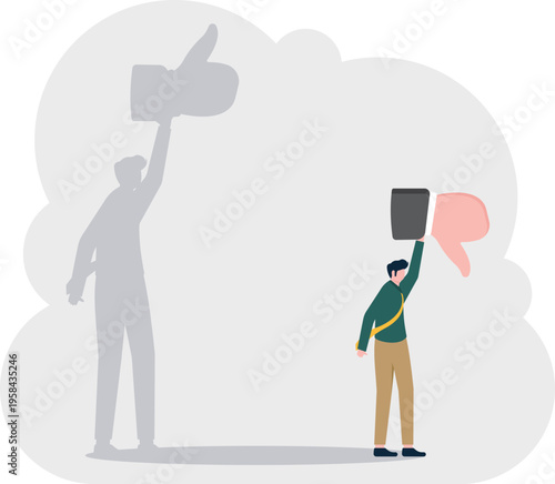 Businessman looking at his shadow giving a thumbs up while he holds a thumbs down