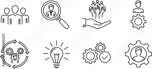 Vector Set of Human Resources and Business Management Line Icons Featuring Recruitment Strategy Teamwork Ideas Process Optimization and Workforce Development