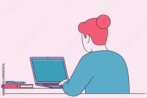 A woman with red hair working on a laptop with books nearby