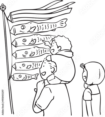 肩車をしてこいのぼりを眺める親子_線画
