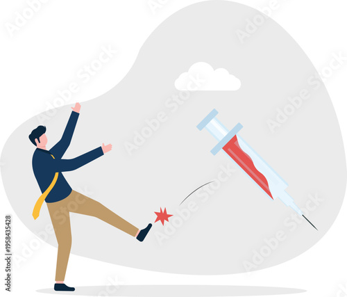 Professional man kicking away a medical syringe representing health and wellness