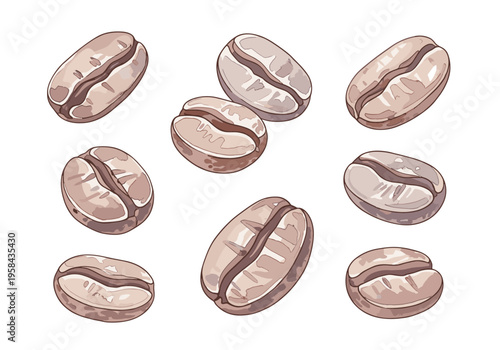Collection of hand-drawn coffee beans scattered on a white background