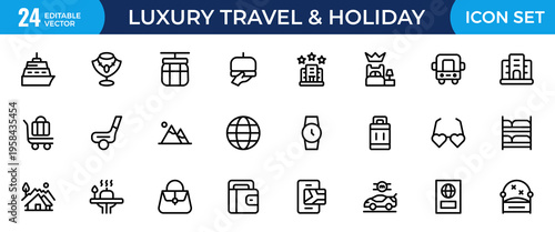 Luxury Travel and Holiday Essentials Line Icon Set – Premium Modern Minimal Outline Icons Collection Featuring Editable Vector Symbols for High-End Getaway, Tourism and Vacation Themes