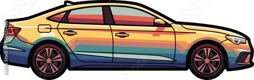 Retro striped passenger sedan with vintage color palette