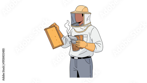 Beekeeper in Action: A beekeeper, clad in protective gear, tends to a honeycomb, carefully managing the bees and their precious honey, showcasing the essence of this vital role.