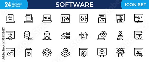 Modern Software Line Icon Collection – Minimalist Professional Outline Icons for Digital Tools, UI/UX Interfaces, Dashboards and SaaS Platforms, Editable Vector Illustration