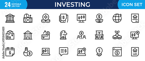 Investment and Finance Line Icon Set – Outline Icons for Investor, Risk Management, Economy, Financial Growth, Money and Coin Symbols, Editable Stroke Vector Illustration