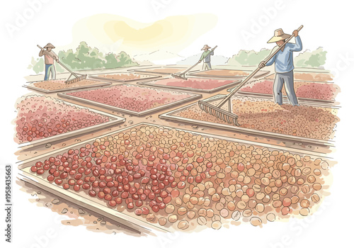 Farmers raking coffee beans on drying beds under the sun