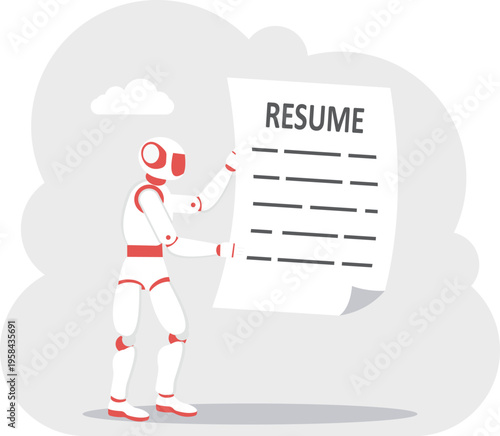 AI robot scanning a resume document for automated human resources recruitment