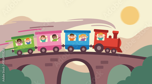 A vibrant cartoon illustration of a red train with four colorful carriages carrying happy children, crossing an arched stone bridge under a sunny sky.