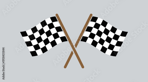 Two crossed black and white checkered flags symbolizing a finish line or racing event on a plain grey background, representing victory and competition.