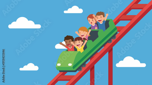 A group of happy children enjoying a thrilling ride on a green roller coaster against a blue sky.