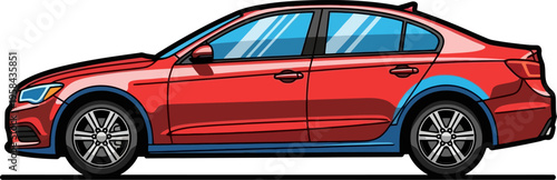 Sporty red sedan featuring blue lower body paneling