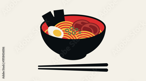 A simple, minimalist illustration of a black bowl filled with ramen noodles, topped with an egg, meat, and seaweed, with chopsticks resting below.