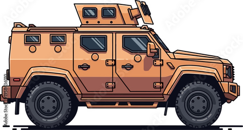 Tan armored military transport vehicle for tactical operations