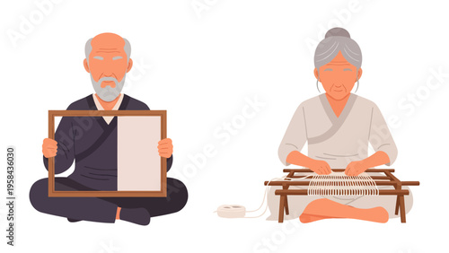 Tradition in Focus: An elderly person sits calmly while doing crafts, demonstrating skills passed through the generation and representing the timeless art of crafting, celebrating heritage and skill.