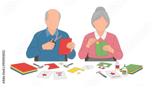 Creative Minds at Play: A pair of elderly individuals engrossed in the art of crafting, their hands expertly maneuvering tools as they bring their creative visions to life.