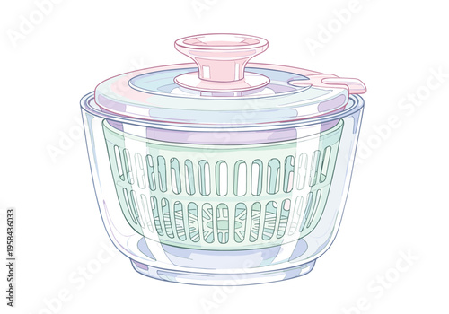 Clear glass salad spinner with pink lid and green basket for drying greens