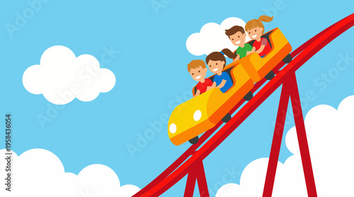 A vibrant cartoon illustration of a yellow roller coaster with four happy people riding down a red track under a blue sky with white clouds.