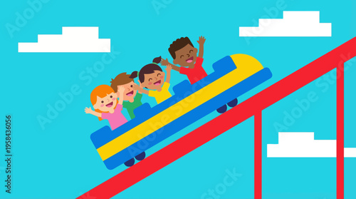 Four diverse happy children riding a thrilling roller coaster down a steep red track under a bright blue sky with white clouds.