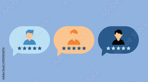 Three speech bubbles with user avatars and five-star ratings, representing customer feedback and reviews.