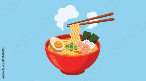 A vibrant cartoon illustration of a steaming red bowl of Japanese ramen noodles with chopsticks, egg, shrimp, narutomaki, and nori on a blue background.