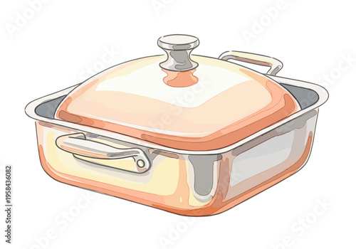 Square roasting pan with lid and handles, simple line art illustration