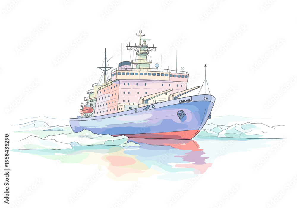 Fototapeta premium Illustration of a large icebreaker ship navigating through frozen waters